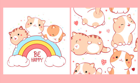 Set of seamless pattern and one print with cute cats in kawaii style. Endless texture can be used for textile pattern fills, t-shirt design, web page background. Inscription Be happy. Vector EPS8のイラスト素材
