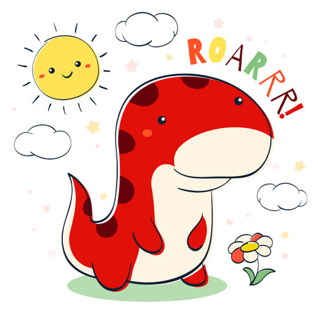 Doodle style illustration with cute dino, cloud, sun and flower. Sketch in hand drawn style with smiling cartoon dinosaur. Can be used for kids room poster, card, print, t-shirt design. Vector EPS8のイラスト素材