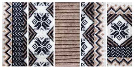 Set of horizontal or vertical banners with wool sweater texture of light brown, dark brown and white color with geometric ornament. Collection of natural knitted wool material with decorative ornamentの写真素材