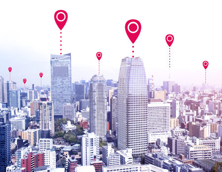 Network connection concept. Aerial view on Tokyo capital city of Japan with red location pin. Global positioning system pin map. Map pins in Tokyo. Modern travel, sightseeing and tourism conceptの写真素材