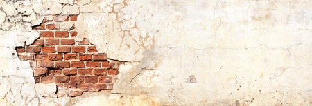 Grunge background with texture of old brick wall and cracked stucco of white color. Horizontal banner with stucco wall texture. Mock up template. Copy space for textの写真素材