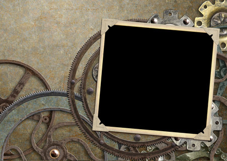 Grunge retro background in steampunk style with photo frame, vintage metal details, pipelines, gear. Mock up template. Copy space for text. Can be used for steampunk, industrial, mechanical designの写真素材