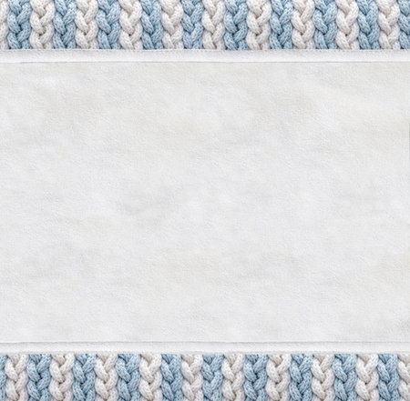 Horizontal or vertical backdrop with suede texture and wool border with pigtailed ornament. Christmas background with suede leather and plaited frame of light blue and white color. Copy space for textの写真素材