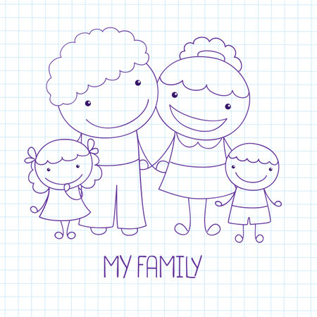 Sketch in doodle style with happy  family. Cheerful family - mom, dad, son and daughter. Vector illustration EPS8のイラスト素材
