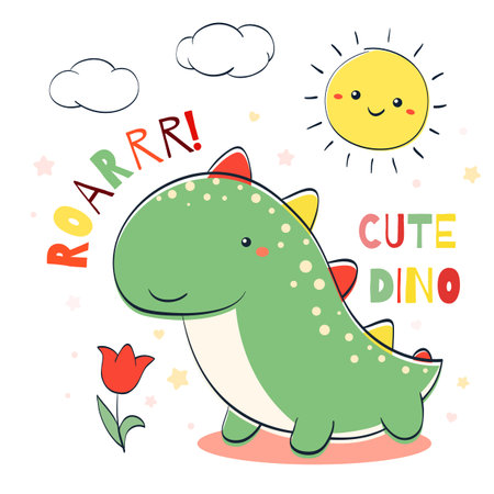 Doodle style illustration with cute dino, cloud, sun and flower. Sketch in hand drawn style with smiling cartoon dinosaur. Can be used for kids room poster, card, print, t-shirt design. Vector EPS8のイラスト素材
