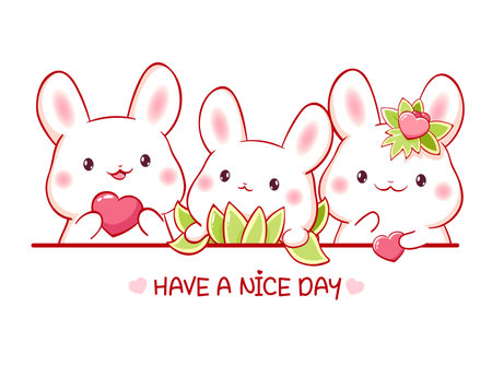 Set of little bunny with pink heart in kawaii style. Easter collection of Cute rabbit. Childish print with tiny baby rabbits for t-shirt print, sticker, greeting card design. Vector illustration EPS10&#xD;&#xA;のイラスト素材