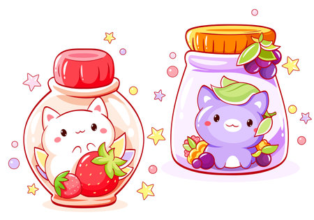 Cute tiny cat with berries in glass bottle. Set of cute animals. Kawaii kitty with strawberry. Fresh Beverage and Drink. Can be used for t-shirt print, sticker, greeting card. Vector illustration EPS8のイラスト素材