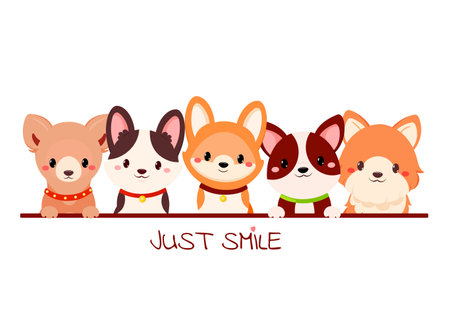 Just smile. Frame with little puppies. Decorative border with five cute dog. Childish print with tiny puppy for t-shirt print, sticker, greeting card design. Vector illustration EPS8のイラスト素材