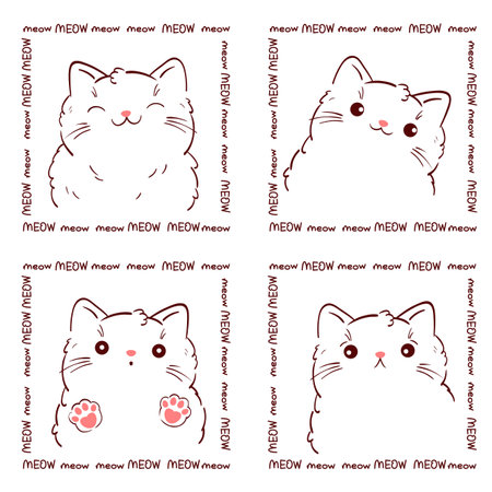 Cute square card with kitty in kawaii style. Lovely cats with different emotion. Inscription Meow meow. Can be used for t-shirt print, stickers, greeting card design. Vector illustration EPS8のイラスト素材