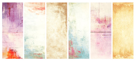 Set of banners with bright colorful watercolor stains on retro paper texture. Colorful splatter stain on cardboard background. Collection of horizontal or vertical backdrop with smeared paintの写真素材