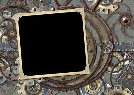 Grunge retro background in steampunk style with photo frame, vintage metal details, pipelines, gear. Mock up template. Copy space for text. Can be used for steampunk, industrial, mechanical designの写真素材