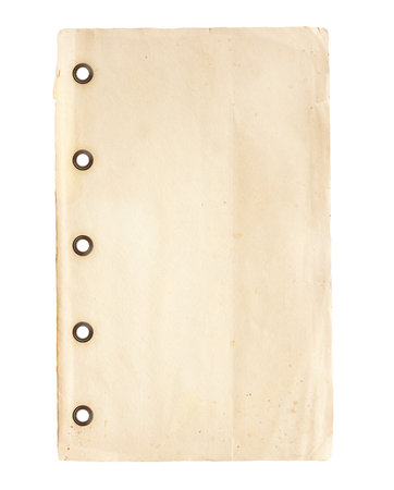 Paper sheet with retro bronze clips. Vintage piece of old notebook page. Isolated on white backgroundの写真素材