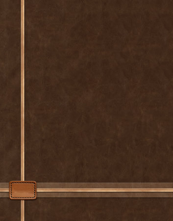 Horizontal or vertical leather background of dark brown colors, decorative strips of leather trim and blank tag. Decorative backdrop with cowhide texture and leather label. Copy space for textの写真素材