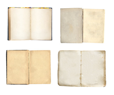 Collection of old books with blank pages. Set of vintage opened book with blank page. Object isolated on white background. Mock up template. Copy space for textの写真素材