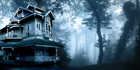 Horizontal Halloween banner with haunted house. Old abandoned house in the night forest. Scary colonial cottage in mysterious forestland. Photo toned in blue colorの写真素材