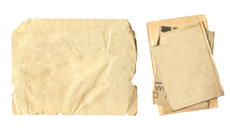 Set of blank old paper sheet. Two crumpled vintage piece paper. Isolated on white backgroundの写真素材