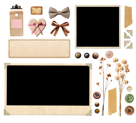 Collection of vintage elements for scrapbooking. Nostalgic set of retro photo, linen bows, dry pressed flower and leaf, buttons, paper corners for album. Mockup template. Isolated on white backgroundの写真素材