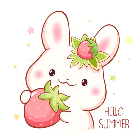 Cute season card in kawaii style. Lovely little bunny with strawberry. Inscription Hello summer. Can be used for t-shirt print, stickers, greeting card design. Vector illustration EPS8のイラスト素材