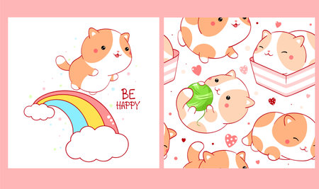 Set of seamless pattern and one print with cute cats in kawaii style. Endless texture can be used for textile pattern fills, t-shirt design, web page background. Inscription Be happy. Vector EPS8のイラスト素材