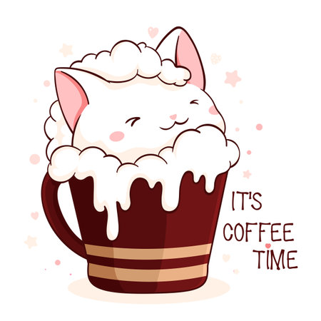 Lovely little cat in cup. Square card with cute animal in cup in kawaii style. Inscription It's coffee time. Can be used for t-shirt print, stickers, greeting card design. Vector illustration EPS8のイラスト素材