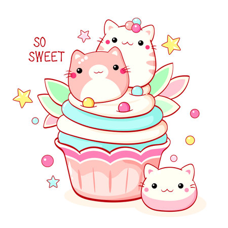 Cute cat-shaped dessert in kawaii style. Cake, muffin and cupcake with whipped cream and berry. Inscription So sweet. Can be used for t-shirt print, sticker, greeting card. Vector illustration EPS8のイラスト素材