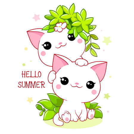 Cute season card in kawaii style. Two lovely little cats with green leaves. Inscription Hello summer. Can be used for t-shirt print, stickers, greeting card design. Vector illustration EPS8のイラスト素材