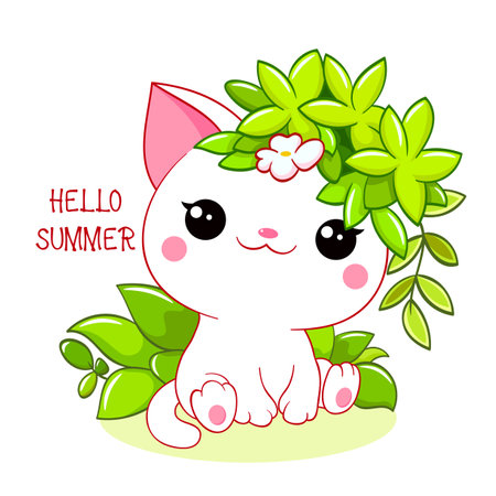 Cute season card in kawaii style. Lovely little cat with green leaves. Inscription Hello summer. Can be used for t-shirt print, stickers, greeting card design. Vector illustration EPS8のイラスト素材
