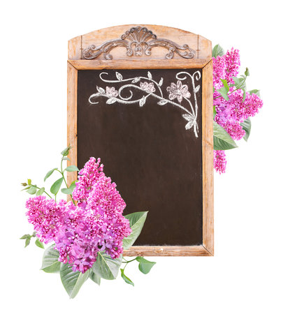 Advertising billboard in retro style with chalkboard and branch of Lilac with flowers of purple color. Cafe menu or pointer board and twig of Common Lilac. Isolated on white backgroundの写真素材