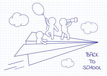 Back to school. Three little people on a flying paper plane. Travel and exploration. Hand drawn sketch on notebook page. Education, freedom and creativity concept. Vector illustration EPS8のイラスト素材