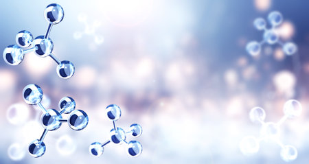 Horizontal banner with model of abstract molecular structure. Background of blue color with glass atom model. Copy space for your text. 3d renderの写真素材