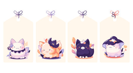 Calm autumn season. Set of cute tag in retro style with little kitty. Collection of vintage label with tiny baby cat and autumn leaves. Cute kitten expression sheet collection. Vector illustration EPS8のイラスト素材