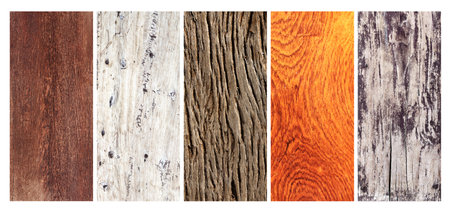 Collection of wooden banners with old wood texture of different colors. Set of wood boards of brown, dark brown, orange and beige colorの写真素材