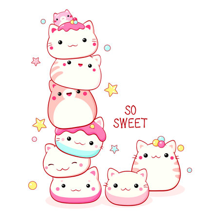 Stack of traditional Chinese animal-shaped mantou buns. Cute cat-shaped dessert in kawaii style. Inscription So sweet. Can be used for t-shirt print, sticker, greeting card. Vector illustration EPS8のイラスト素材