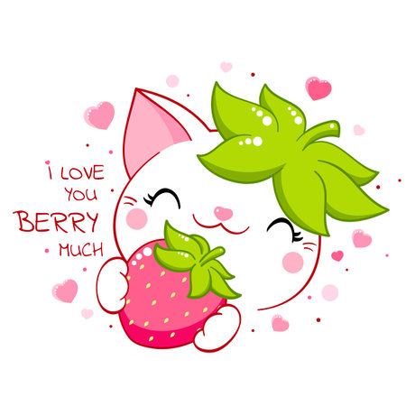 Cute cat with strawberry. Inscription I love you berry much. Kawaii little kitty and ripe red berry. Happy summer time card. Vector illustration EPS8のイラスト素材