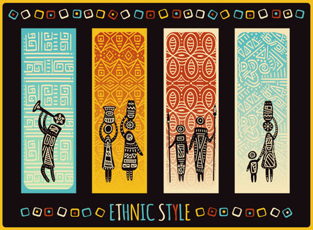 Set of ethnic banner, background, flyer, placard with tribal ornaments. Vertical poster, template card, sticker with geometric patterns and silhouettes of hunter, womens with jug. Vector EPS8のイラスト素材
