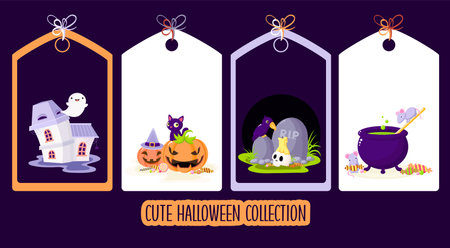 Calm autumn season. Set of tag in with Halloween characters. Collection of label with Mice and witch cauldron, ghost in haunted house, raven and skull at grave, black cat on pumpkins. Vector EPS8のイラスト素材