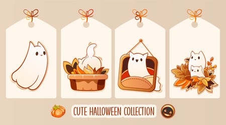 Calm autumn season. Set of cute Halloween tag in retro style with kitty ghosts. Collection of vintage label with tiny cat-shaped ghost and autumn leaves. Vector illustration EPS8のイラスト素材