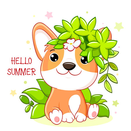 Cute season card in kawaii style. Little corgi puppy with green leaves. Inscription Hello summer. Can be used for t-shirt print, stickers, greeting card design. Vector illustration EPS8のイラスト素材