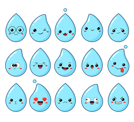 Collection of water drop emoticon with different mood. Set of cute cartoon droplet with emoji faces in different expressions - happy, sad, cry, fear, crazy. Vector illustration EPS8のイラスト素材