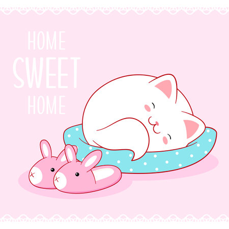 Cute season card with kitty. Lovely little cat sleeping. Inscription Home sweet home. Can be used for t-shirt print, stickers, greeting card design. Vector illustration EPS8のイラスト素材