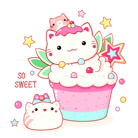 Cute cat-shaped dessert in kawaii style. Cake, muffin and cupcake with whipped cream and berry. Inscription So sweet. Can be used for t-shirt print, sticker, greeting card. Vector illustration EPS8のイラスト素材