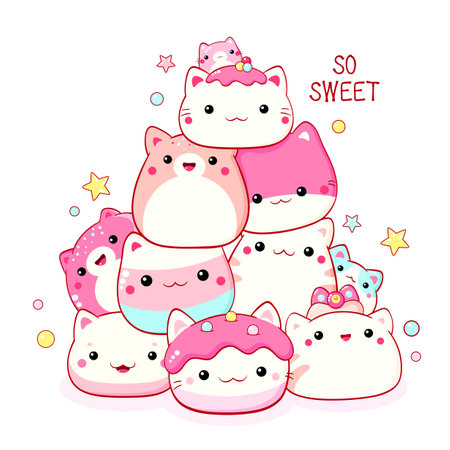 Stack of traditional Chinese animal-shaped mantou buns. Cute cat-shaped dessert in kawaii style. Inscription So sweet. Can be used for t-shirt print, sticker, greeting card. Vector illustration EPS8のイラスト素材