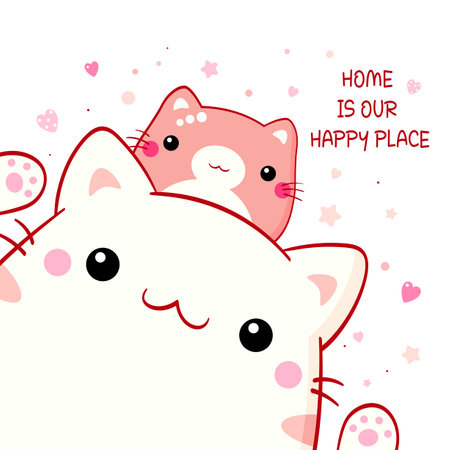 Cute warm card with kittens. Two lovely cats and Inscription Home is our happy place. Can be used for t-shirt print, stickers, greeting card design. Vector illustration EPS8のイラスト素材