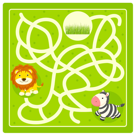 Help little zebra find path to grass. Labyrinth for preschool children. Maze game for kids with cartoon zebra and lion. Kids puzzle game. Vector illustration EPS8のイラスト素材