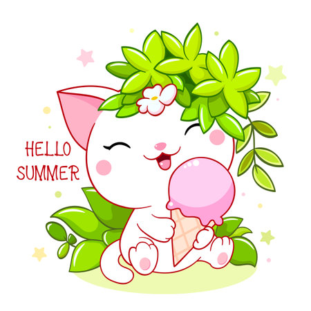 Cute season card in kawaii style. Lovely little cat with ice cream and green leaves. Inscription Hello summer. Can be used for t-shirt print, stickers, greeting card design. Vector illustration EPS8のイラスト素材