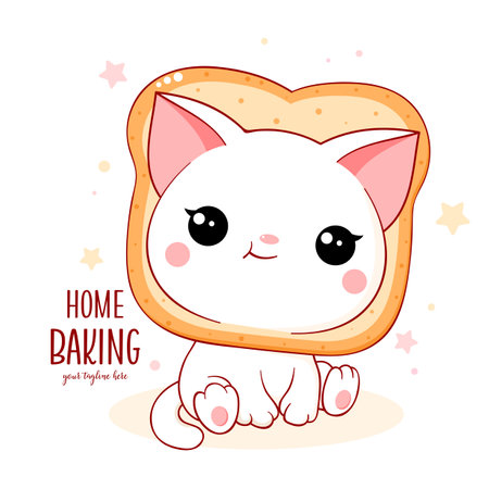Cute little cat with slice of bread on the head. Kawaii white kitten in bread. Inscription Home baking. Vector illustration EPS8のイラスト素材