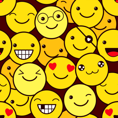 Seamless pattern with funny emoticons. Emoji faces in different expression. Endless texture can be used for textile pattern fills, t-shirt design, web page background. Vector EPS8のイラスト素材