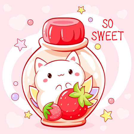 So cute card. Tiny cat with berries in glass bottle. Kawaii kitty with strawberry. Fresh Beverage and Drink. Can be used for t-shirt print, sticker, greeting card. Vector illustration EPS8のイラスト素材