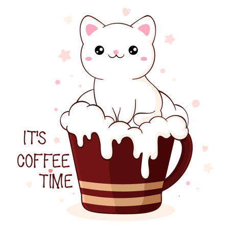 Lovely little cat in cup. Square card with cute animal in cup in kawaii style. Inscription It's coffee time. Can be used for t-shirt print, stickers, greeting card design. Vector illustration EPS8のイラスト素材
