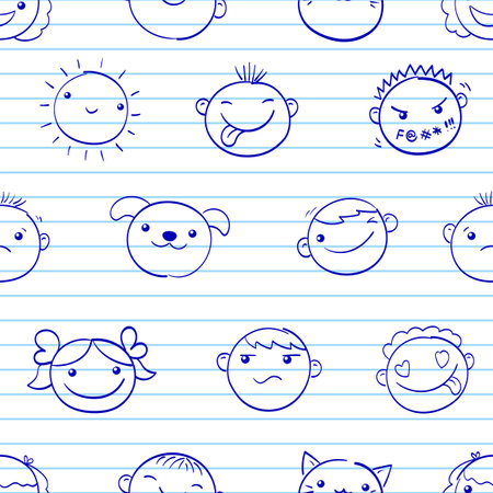 Back to school. Seamless graph paper pattern with hand drawn sketches. Notebook page template. Grid paper sheet of school notebook with scribbled emoji faces in vary facial expressions. Vector EPS8のイラスト素材
